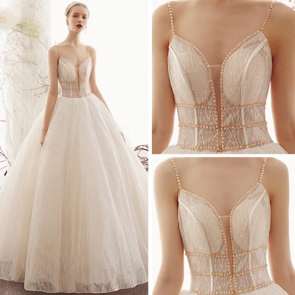 Bling Bling Champagne Wedding Dresses 2019 A-Line / Princess Spaghetti Straps Sleeveless Backless Beading Glitter Tulle Court Train Ruffle