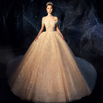 Luxury Gorgeous Sparkly Ivory Wedding Dresses 2019 Ball Gown Off The Shoulder Short Sleeve Backless Glitter Sequins Cathedral Train Ruffle