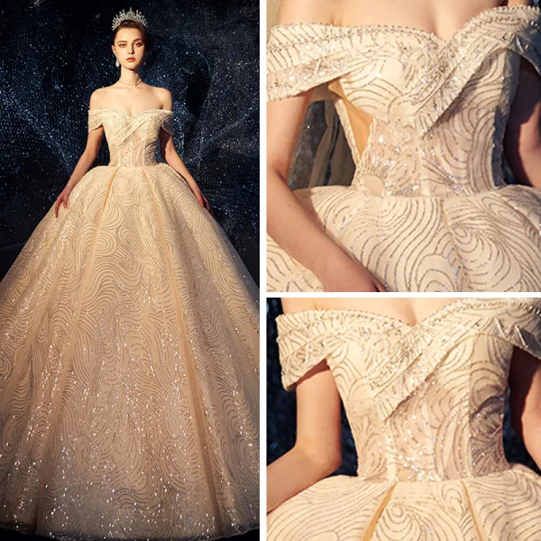 Luxe Scintillantes Ivoire Robe De Mariée 2019 Robe Boule De l'épaule Manches Courtes Dos Nu Glitter Paillettes Cathedral Train Volants