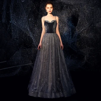 Starry Sky Navy Blue Suede Evening Dresses 2019 A Line Princess Spaghetti Straps Sleeveless Glitter Tulle Floor Length Long Ruffle Backless Formal Dresses