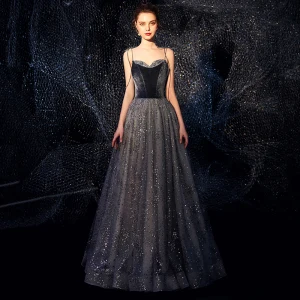 Cielo Estrellado Marino Oscuro Suede Vestidos De Noche 2019 A Line Princess Spaghetti Straps Sin Mangas Glitter Tul Largos Ruffle Sin Espalda Vestidos Formales