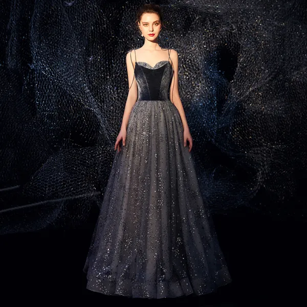 Starry Sky Navy Blue Suede Evening Dresses  2019 A-Line / Princess Spaghetti Straps Sleeveless Glitter Tulle Floor-Length / Long Ruffle Backless Formal Dresses