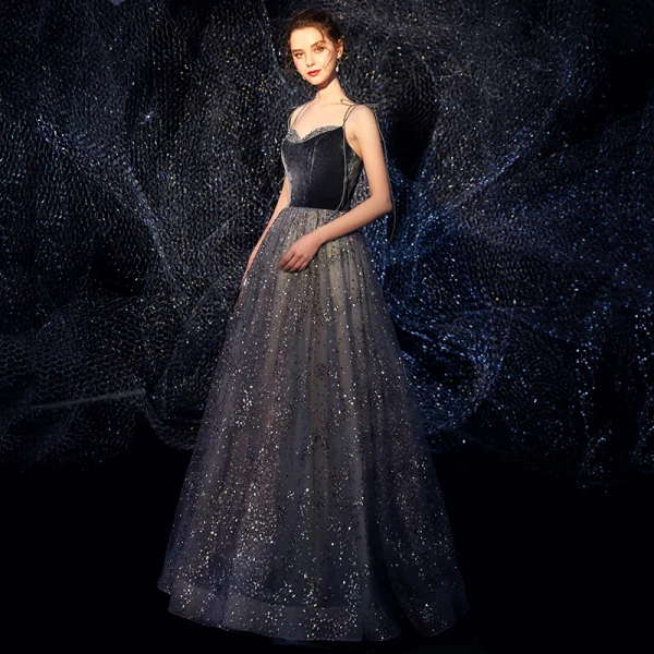 Ciel étoilé Bleu Marine Daim Robe De Soirée 2019 Princesse Bretelles Spaghetti Sans Manches Glitter Tulle Longue Volants Dos Nu Robe De Ceremonie