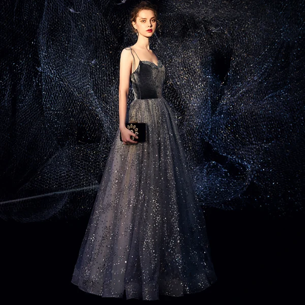 Ciel étoilé Bleu Marine Daim Robe De Soirée 2019 Princesse Bretelles Spaghetti Sans Manches Glitter Tulle Longue Volants Dos Nu Robe De Ceremonie