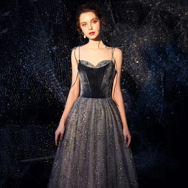 Ciel étoilé Bleu Marine Daim Robe De Soirée 2019 Princesse Bretelles Spaghetti Sans Manches Glitter Tulle Longue Volants Dos Nu Robe De Ceremonie