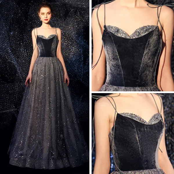 Ciel étoilé Bleu Marine Daim Robe De Soirée 2019 Princesse Bretelles Spaghetti Sans Manches Glitter Tulle Longue Volants Dos Nu Robe De Ceremonie