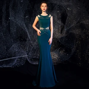 Élégant Bleu D 039 Encre Robe De Soirée 2019 Trompette Sirène Encolure Dégagée Sans Manches Perlage Longue Volants Robe De Ceremonie