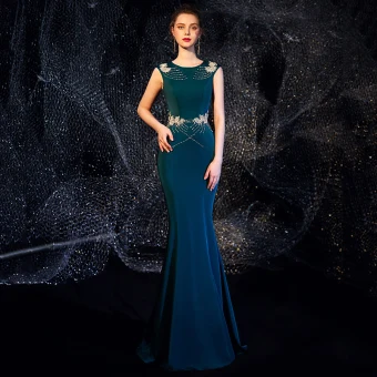 Elegante Ink Blauw Avondjurken 2019 Trompet Zeemeermin Ronde Hals Mouwloos Kralen Lange Ruche Gelegenheid Jurken
