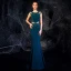 Élégant Bleu D'encre Robe De Soirée 2019 Trompette / Sirène Encolure Dégagée Sans Manches Perlage Longue Volants Robe De Ceremonie