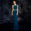 Élégant Bleu D'encre Robe De Soirée 2019 Trompette / Sirène Encolure Dégagée Sans Manches Perlage Longue Volants Robe De Ceremonie