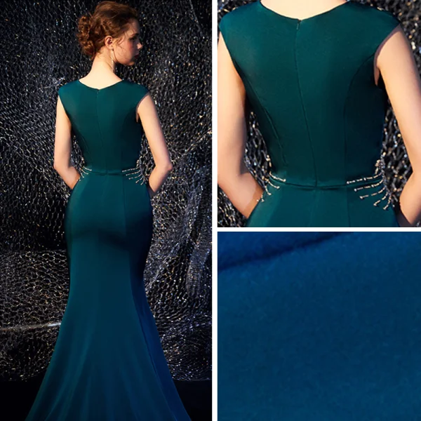 Élégant Bleu D'encre Robe De Soirée 2019 Trompette / Sirène Encolure Dégagée Sans Manches Perlage Longue Volants Robe De Ceremonie