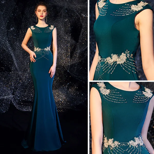 Élégant Bleu D'encre Robe De Soirée 2019 Trompette / Sirène Encolure Dégagée Sans Manches Perlage Longue Volants Robe De Ceremonie