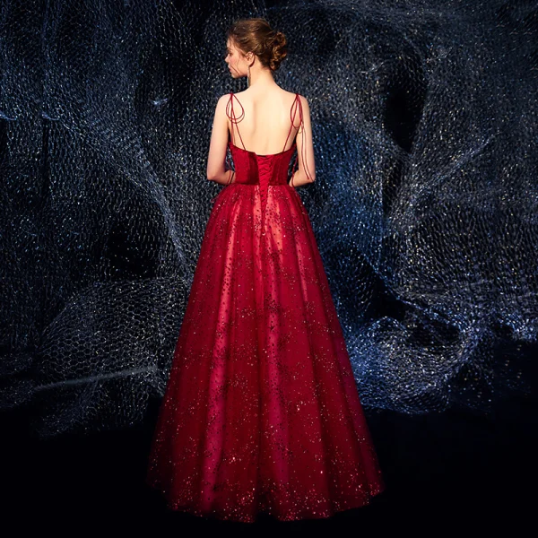 Ciel étoilé Bleu Marine Daim Robe De Soirée 2019 Princesse Bretelles Spaghetti Sans Manches Glitter Tulle Longue Volants Dos Nu Robe De Ceremonie