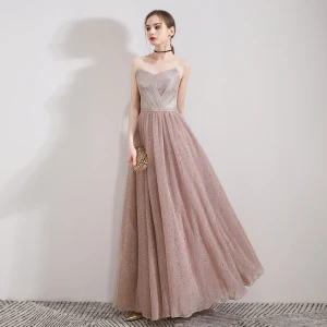 Élégant Perle Rose Robe De Soirée 2019 Princesse Bustier Sans Manches Glitter Tulle Longue Volants Dos Nu Robe De Ceremonie