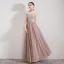Elegant Pearl Pink Evening Dresses  2019 A-Line / Princess Strapless Sleeveless Glitter Tulle Floor-Length / Long Ruffle Backless Formal Dresses