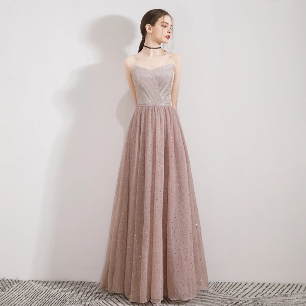 Elegant Pearl Pink Evening Dresses  2019 A-Line / Princess Strapless Sleeveless Glitter Tulle Floor-Length / Long Ruffle Backless Formal Dresses