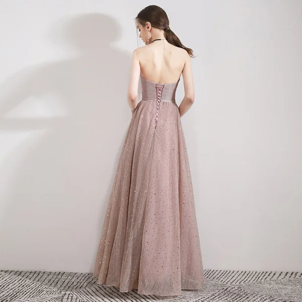 Elegant Pearl Pink Evening Dresses  2019 A-Line / Princess Strapless Sleeveless Glitter Tulle Floor-Length / Long Ruffle Backless Formal Dresses