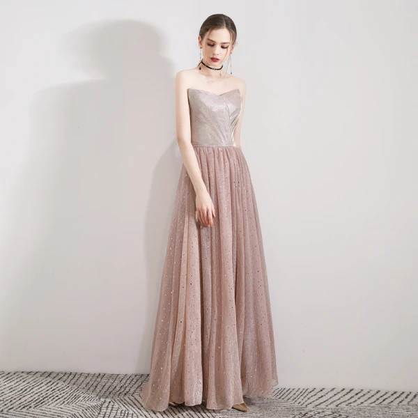 Elegant Pearl Pink Evening Dresses  2019 A-Line / Princess Strapless Sleeveless Glitter Tulle Floor-Length / Long Ruffle Backless Formal Dresses