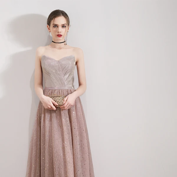 Elegant Pearl Pink Evening Dresses  2019 A-Line / Princess Strapless Sleeveless Glitter Tulle Floor-Length / Long Ruffle Backless Formal Dresses