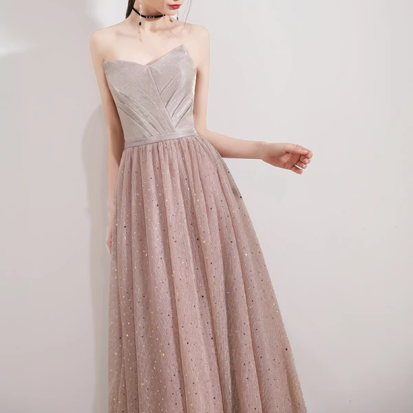 Elegant Pearl Pink Evening Dresses  2019 A-Line / Princess Strapless Sleeveless Glitter Tulle Floor-Length / Long Ruffle Backless Formal Dresses