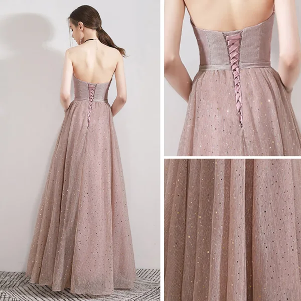 Elegant Pearl Pink Evening Dresses  2019 A-Line / Princess Strapless Sleeveless Glitter Tulle Floor-Length / Long Ruffle Backless Formal Dresses