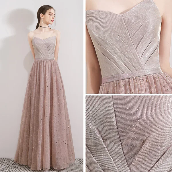 Elegant Pearl Pink Evening Dresses  2019 A-Line / Princess Strapless Sleeveless Glitter Tulle Floor-Length / Long Ruffle Backless Formal Dresses
