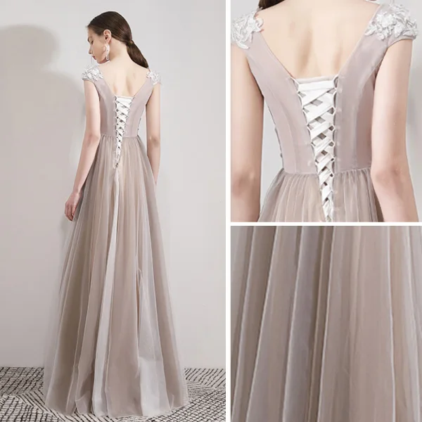 Élégant Champagne Robe De Soirée 2019 Princesse Encolure Dégagée Sans Manches Appliques En Dentelle Perlage Cristal Longue Volants Dos Nu Robe De Ceremonie