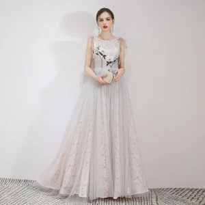 Best Grey Lace Evening Dresses 2019 A Line Princess Scoop Neck Sleeveless Appliques Lace Floor Length Long Ruffle Backless Formal Dresses