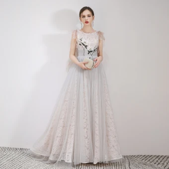 Best Grey Lace Evening Dresses 2019 A Line Princess Scoop Neck Sleeveless Appliques Lace Floor Length Long Ruffle Backless Formal Dresses