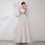 Best Grey Lace Evening Dresses  2019 A-Line / Princess Scoop Neck Sleeveless Appliques Lace Floor-Length / Long Ruffle Backless Formal Dresses