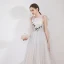 Best Grey Lace Evening Dresses  2019 A-Line / Princess Scoop Neck Sleeveless Appliques Lace Floor-Length / Long Ruffle Backless Formal Dresses