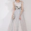 Best Grey Lace Evening Dresses  2019 A-Line / Princess Scoop Neck Sleeveless Appliques Lace Floor-Length / Long Ruffle Backless Formal Dresses