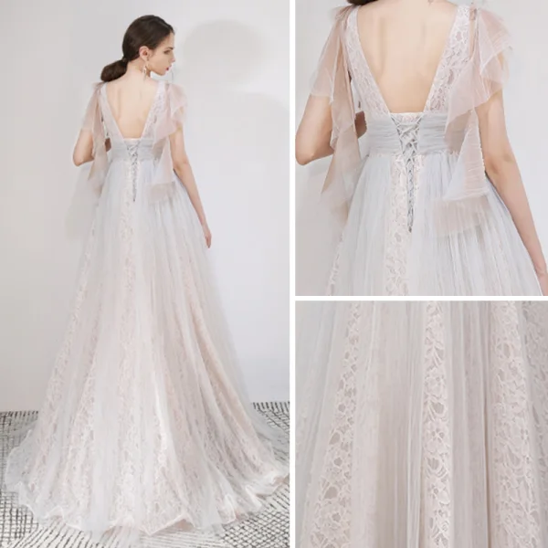 Best Grey Lace Evening Dresses  2019 A-Line / Princess Scoop Neck Sleeveless Appliques Lace Floor-Length / Long Ruffle Backless Formal Dresses