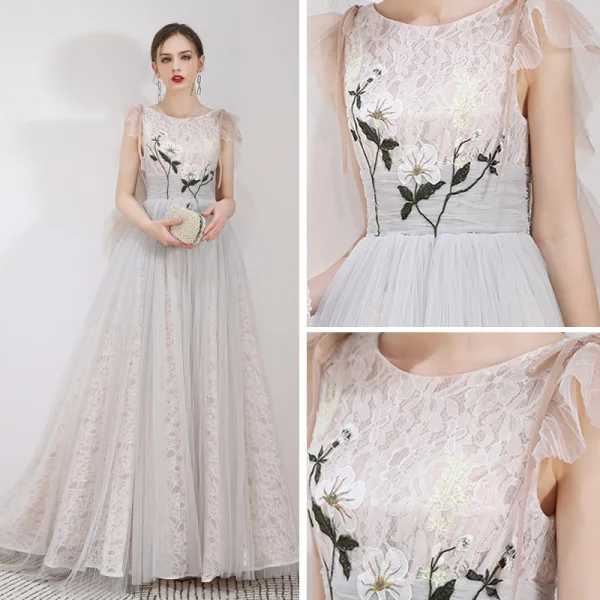 Best Grey Lace Evening Dresses  2019 A-Line / Princess Scoop Neck Sleeveless Appliques Lace Floor-Length / Long Ruffle Backless Formal Dresses