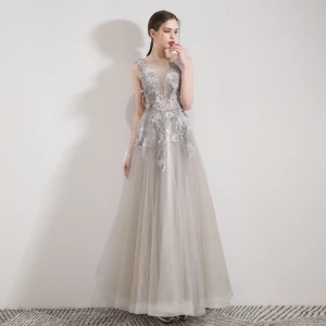 Illusion Grey Organza Evening Dresses 2019 A Line Princess See Through Deep V Neck Sleeveless Appliques Lace Rhinestone Feather Floor Length Long Ruffle Backless Formal Dresses