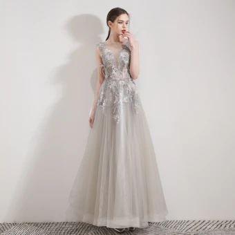 Illusion Gris Organza Robe De Soirée 2019 Princesse Transparentes Col V Profond Sans Manches Appliques En Dentelle Faux Diamant Plumes Longue Volants Dos Nu Robe De Ceremonie