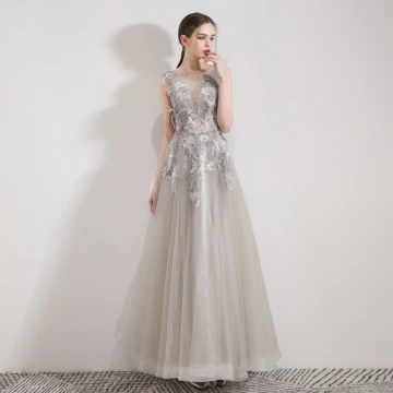 Iluzja Szary Organza Sukienki Wieczorowe 2019 Princessa Przezroczyste Głęboki V Szyja Bez Rękawów Aplikacje Z Koronki Rhinestone Pióro Długie Wzburzyć Bez Pleców Sukienki Wizytowe