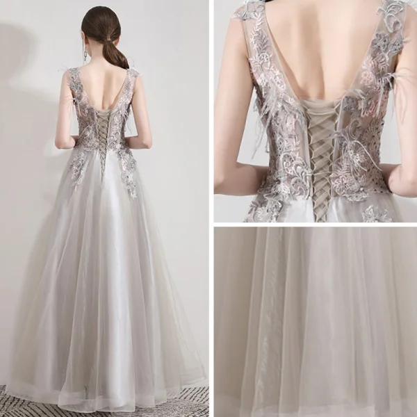 Illusion Gris Organza Robe De Soirée 2019 Princesse Transparentes Col v profond Sans Manches Appliques En Dentelle Faux Diamant Plumes Longue Volants Dos Nu Robe De Ceremonie
