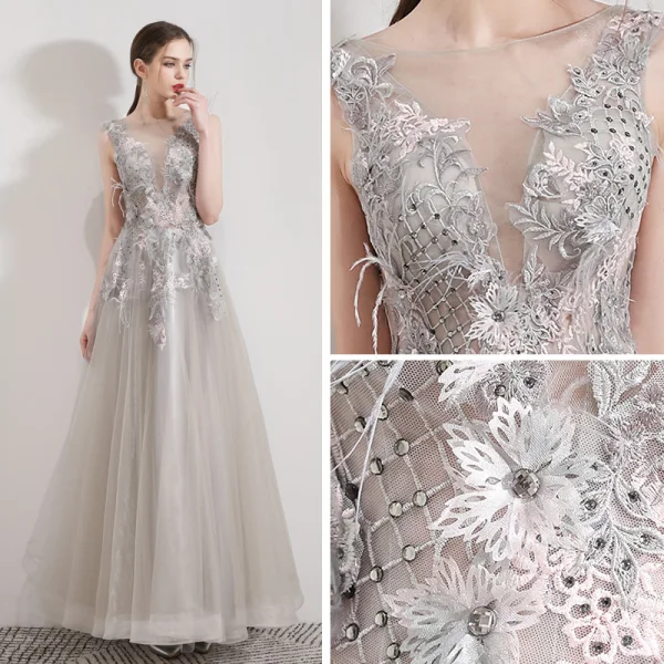 Illusion Gris Organza Robe De Soirée 2019 Princesse Transparentes Col v profond Sans Manches Appliques En Dentelle Faux Diamant Plumes Longue Volants Dos Nu Robe De Ceremonie