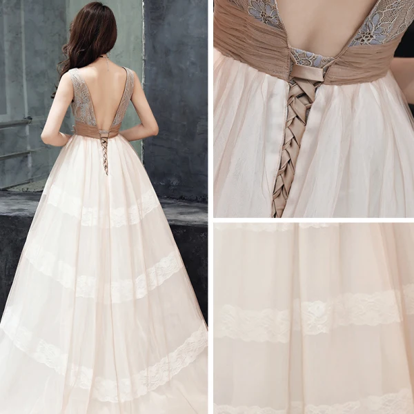 Élégant Champagne Robe De Bal 2019 Empire V-Cou Sans Manches Ceinture Appliques En Dentelle Train De Balayage Volants Dos Nu Robe De Ceremonie