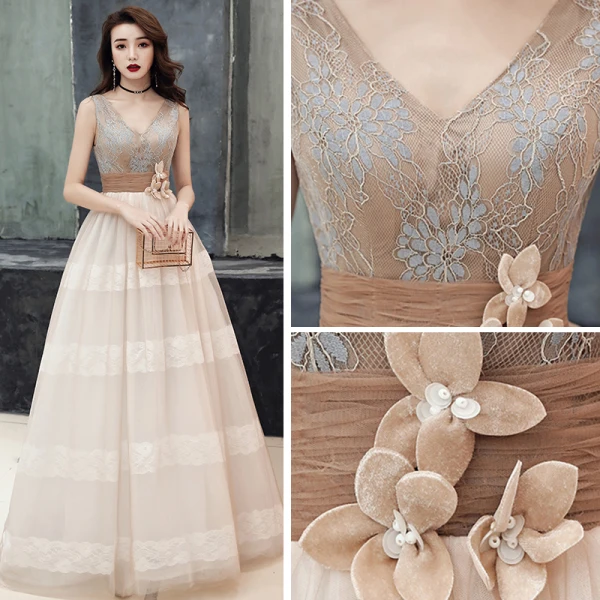 Élégant Champagne Robe De Bal 2019 Empire V-Cou Sans Manches Ceinture Appliques En Dentelle Train De Balayage Volants Dos Nu Robe De Ceremonie