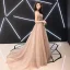 Chic Champagne Robe De Soirée 2019 Princesse V-Cou Sans Manches Ceinture Tachetée Tulle Train De Balayage Volants Dos Nu Robe De Ceremonie