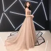 Classy Champagne Evening Dresses  2019 A-Line / Princess V-Neck Sleeveless Sash Spotted Tulle Sweep Train Ruffle Backless Formal Dresses