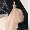 Classy Champagne Evening Dresses  2019 A-Line / Princess V-Neck Sleeveless Sash Spotted Tulle Sweep Train Ruffle Backless Formal Dresses