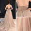 Chic Champagne Robe De Soirée 2019 Princesse V-Cou Sans Manches Ceinture Tachetée Tulle Train De Balayage Volants Dos Nu Robe De Ceremonie