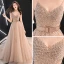 Chic Champagne Robe De Soirée 2019 Princesse V-Cou Sans Manches Ceinture Tachetée Tulle Train De Balayage Volants Dos Nu Robe De Ceremonie