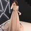 Élégant Champagne Robe De Soirée 2019 Princesse Bretelles Spaghetti Sans Manches Ceinture Fendue devant Tribunal Train Volants Dos Nu Robe De Ceremonie