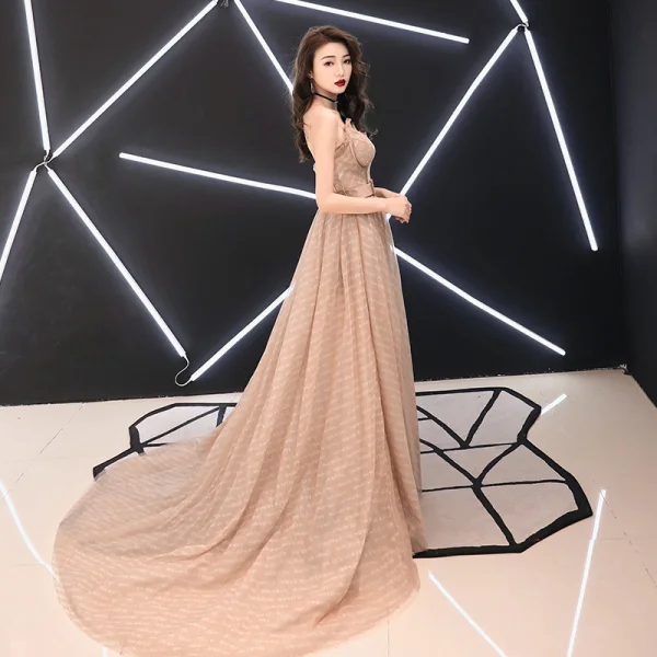 Élégant Champagne Robe De Soirée 2019 Princesse Bretelles Spaghetti Sans Manches Ceinture Fendue devant Tribunal Train Volants Dos Nu Robe De Ceremonie