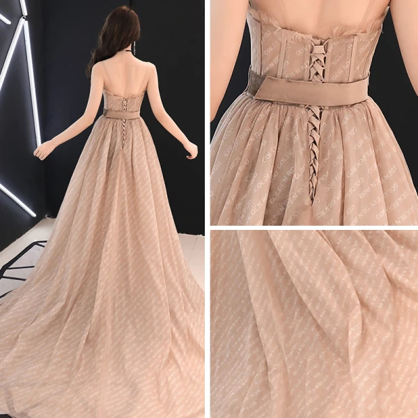 Élégant Champagne Robe De Soirée 2019 Princesse Bretelles Spaghetti Sans Manches Ceinture Fendue devant Tribunal Train Volants Dos Nu Robe De Ceremonie