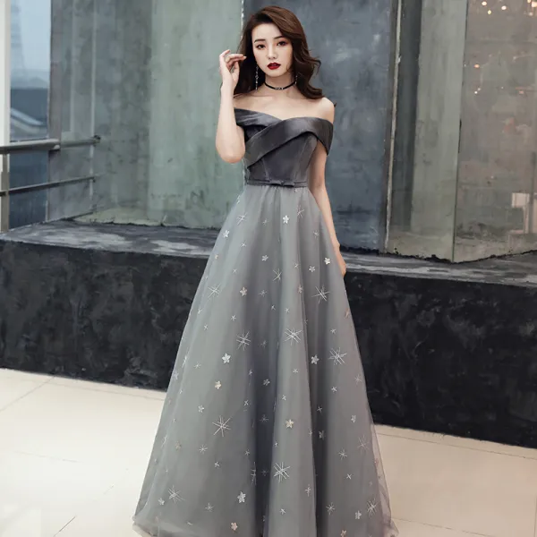 Chic / Beautiful Grey Suede Evening Dresses  2019 A-Line / Princess Off-The-Shoulder Short Sleeve Sequins Star Bow Sash Court Train Ruffle Backless Formal Dresses